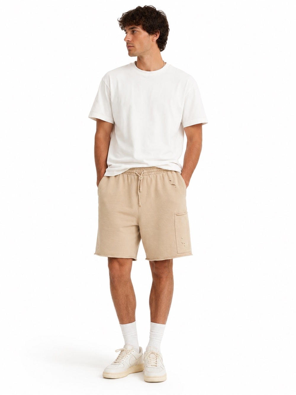 Men’s Zara Beige Distressed Sweat Shorts with Cargo Pockets